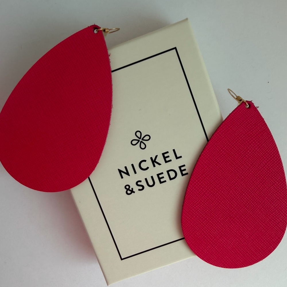 Nickel & Suede Large Leather Teardrop Earrings in "Bright Melon" statement ear
